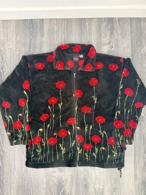 Mazmania Vintage Floral Fleece Jacket USA Made Red Black
